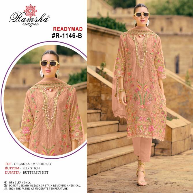 R 1146 By Ramsha Embroidery Organza Pakistani Suits Wholesale Shop In Surat